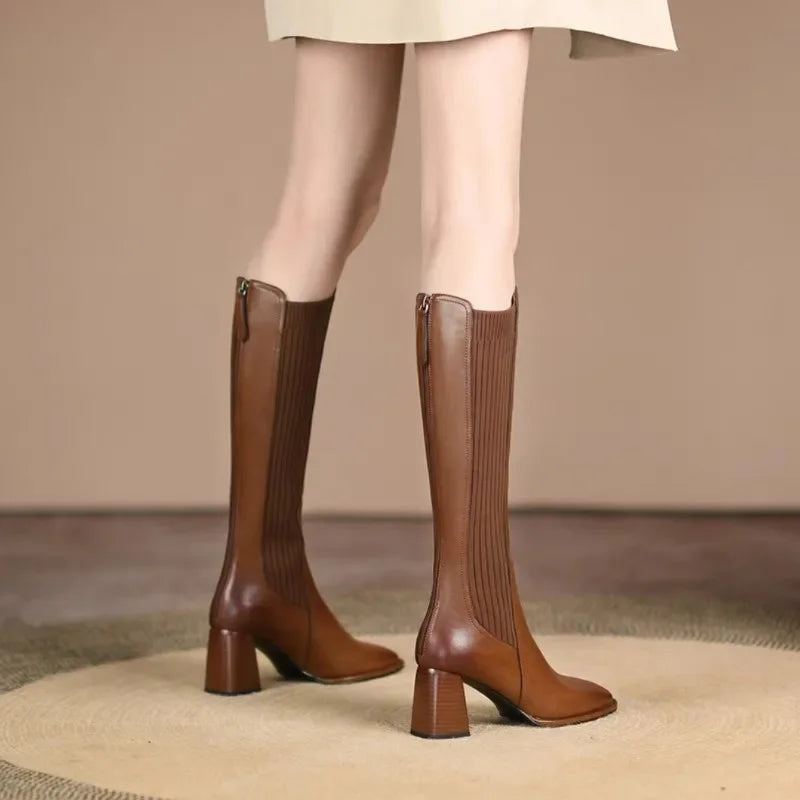 Knee-High Thigh Sock Boots for Women - Winter, Elegant Brown Wedge Boots with Elastic, Long Shoes for Autumn