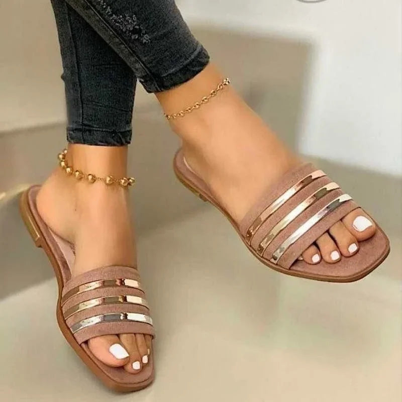 2023 New Shoes for Women Basic Women's Slippers Summer Outdoor Slippers Women Bling Gold Flat Sandals Zapatillas De Mujer - Mammalook