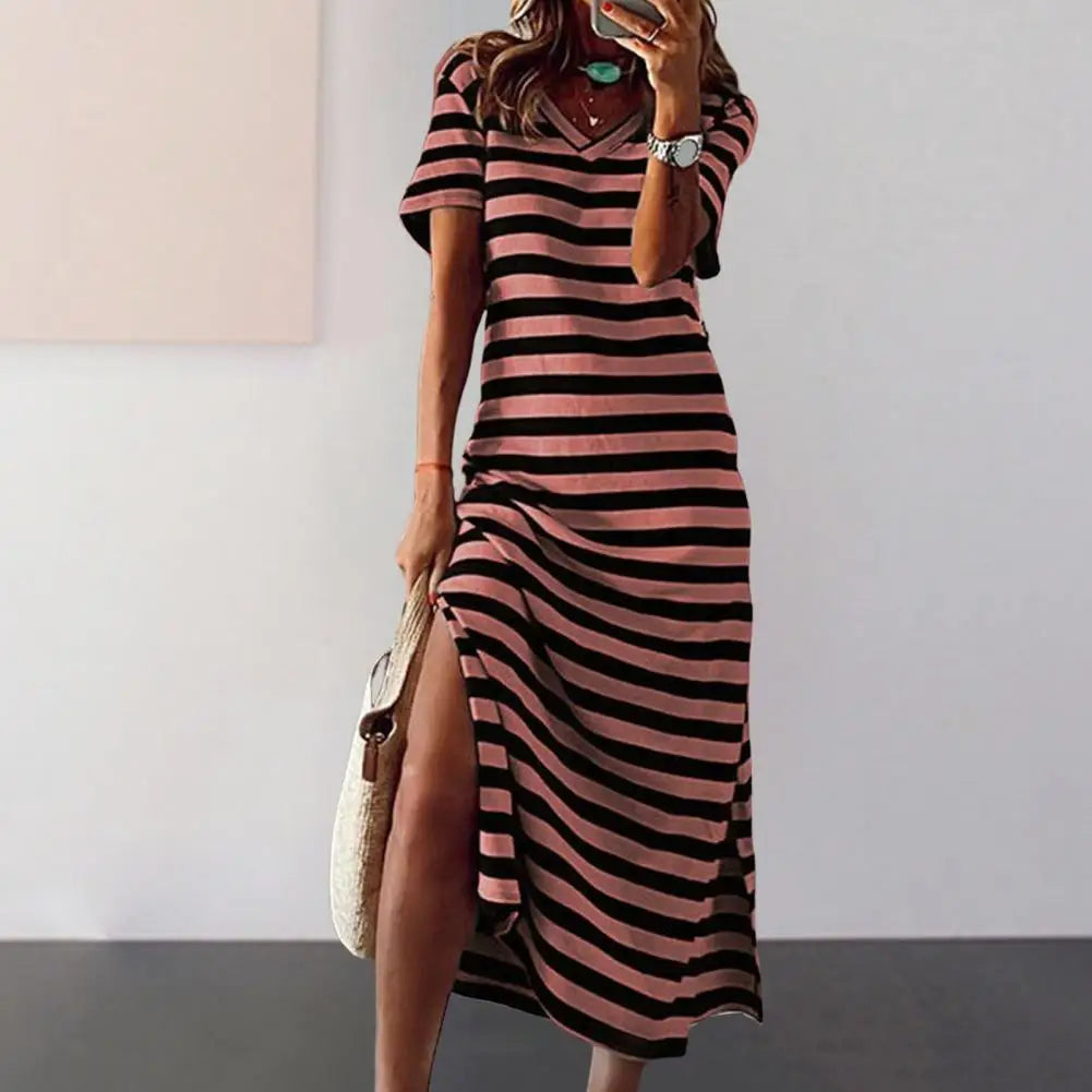 Summer Dresses 2024 Woman Plus Size Dresses For Women Casual Stripe Print V-neck Short Sleeve Loose Long Dress Robe Femme