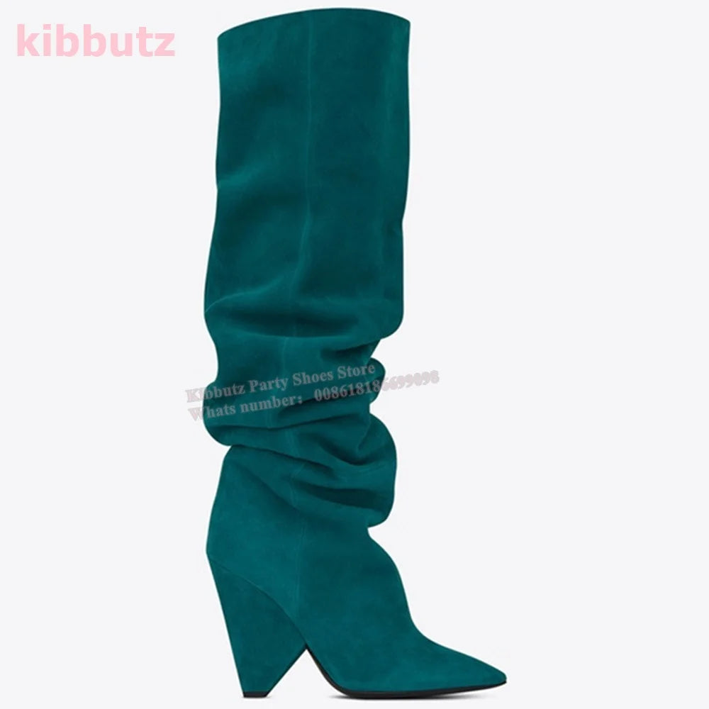 Over The Knee Boots Genuine Leather Pleated Solid Color Brown Pointed Toe Kitten Heel Fashion Sexy Elegant Women Shoes Newest