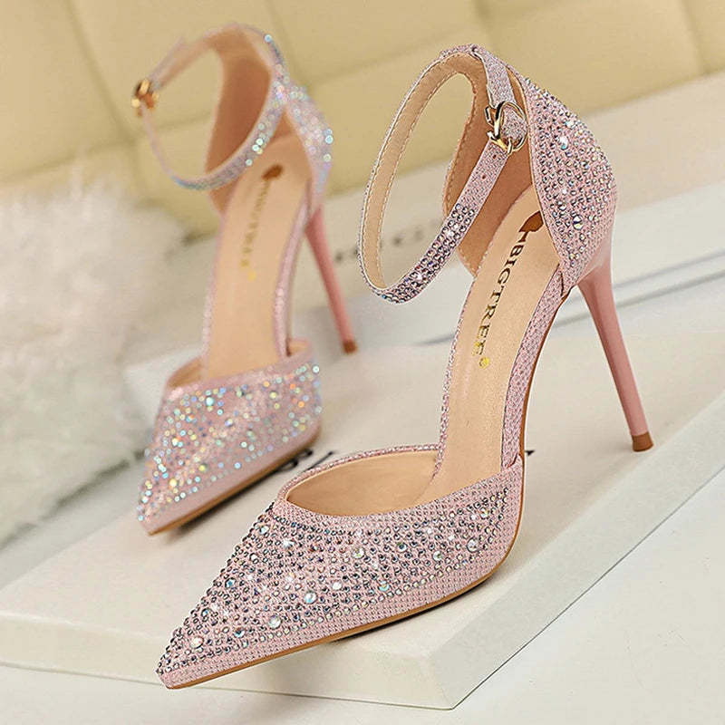 Summer New Fashion Shoes Shiny Rhinestones Designer Heels Wedding Banquet Shoes Crystal Sequined Women Pumps Golden Sandals - Mammalook