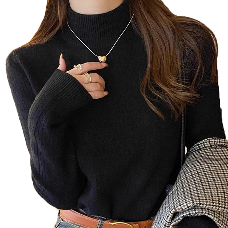 Women's Turtleneck Sweater Winter Retro Red With Velvet Lining Thickened Wear Knitting Thermal Bottoming Shirt