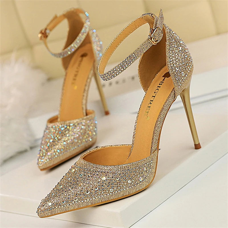 Summer New Fashion Shoes Shiny Rhinestones Designer Heels Wedding Banquet Shoes Crystal Sequined Women Pumps Golden Sandals - Mammalook