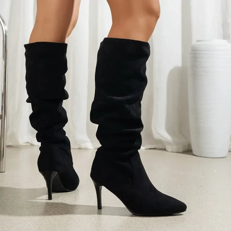 2024 Plus Size Shoes Ladies Knee-High Women's Boots Slip on Modern Boots Women Pleated Pointed Toe High Thin Heels Women's Shoes