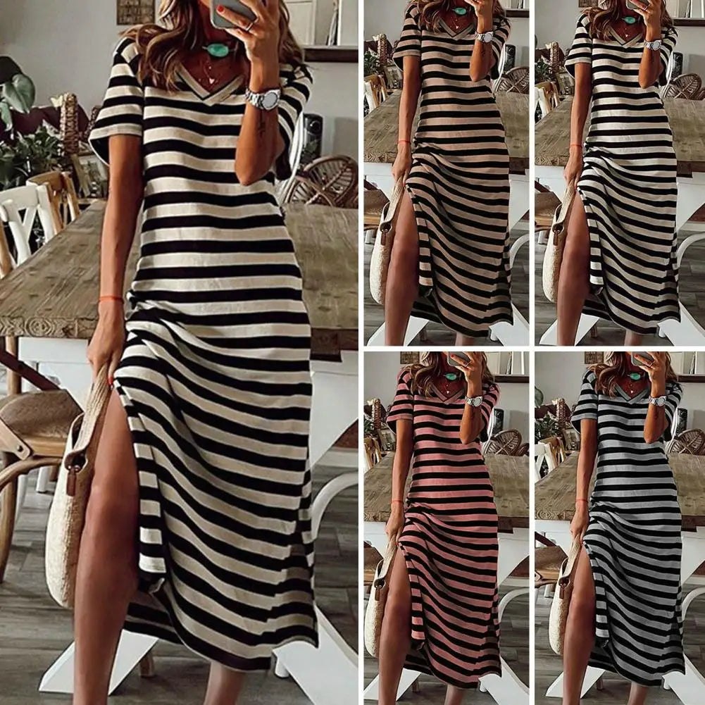 Summer Dresses 2024 Woman Plus Size Dresses For Women Casual Stripe Print V-neck Short Sleeve Loose Long Dress Robe Femme