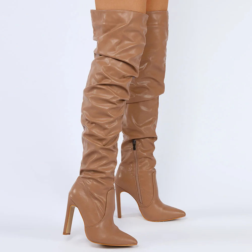 2024 High Quality Big Size 42 Pointed Toe Brown Over The Knee High Heels Boots With Zipper Elastic Fabric Sexy Women Shoes