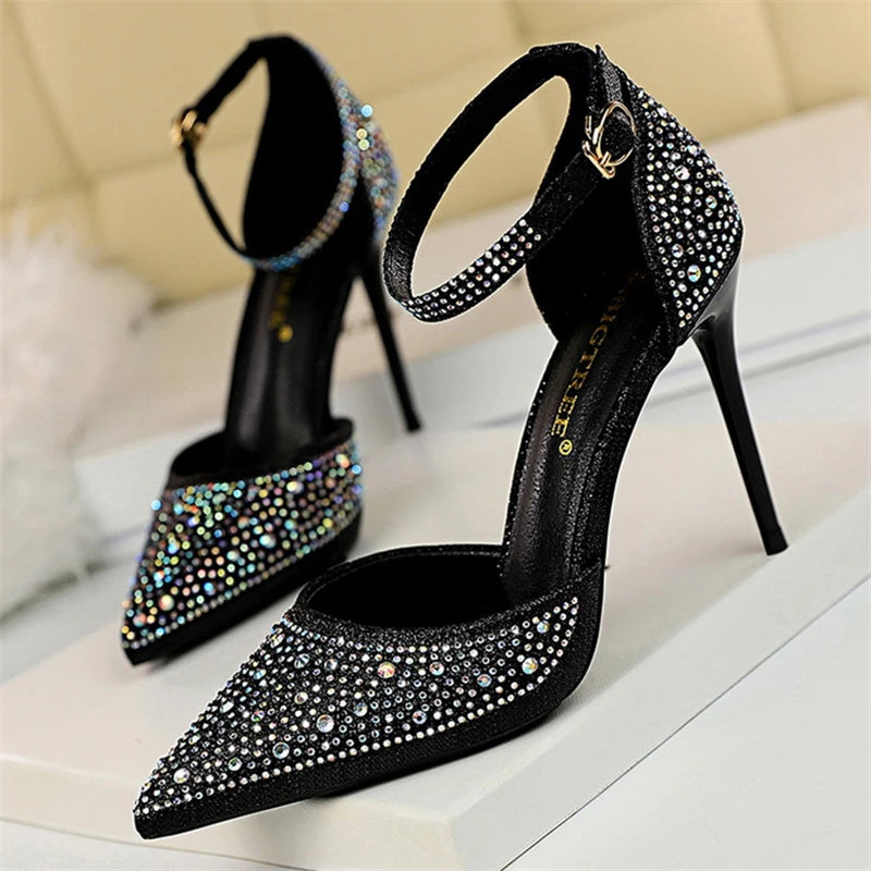 Summer New Fashion Shoes Shiny Rhinestones Designer Heels Wedding Banquet Shoes Crystal Sequined Women Pumps Golden Sandals - Mammalook