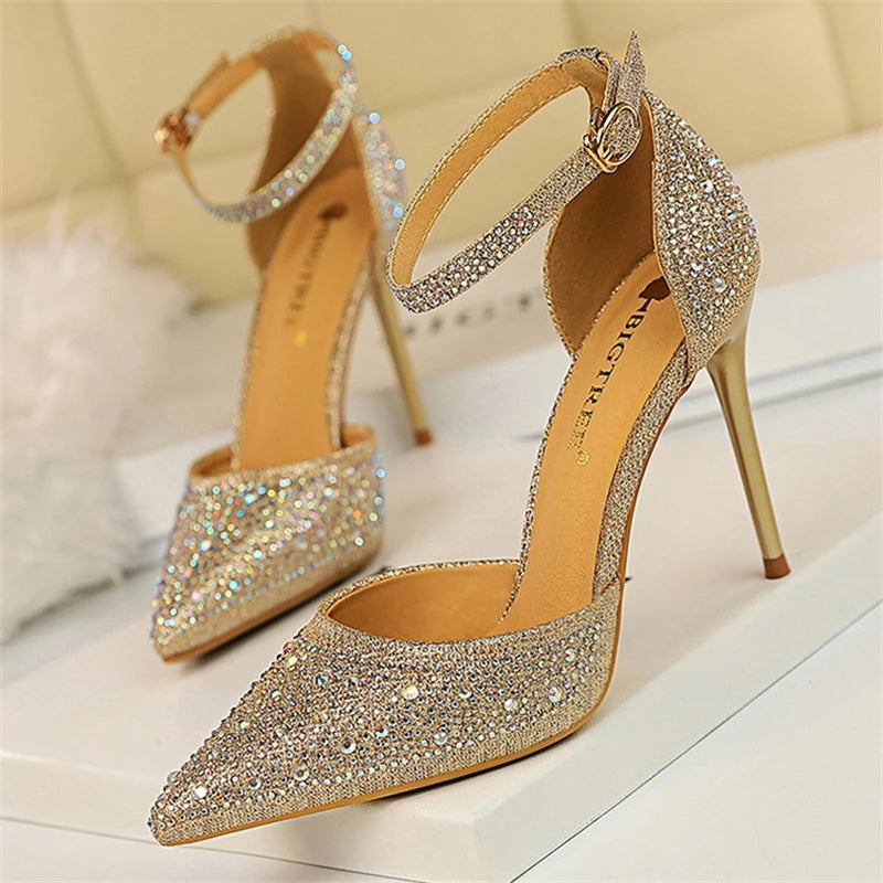 Summer New Fashion Shoes Shiny Rhinestones Designer Heels Wedding Banquet Shoes Crystal Sequined Women Pumps Golden Sandals - Mammalook