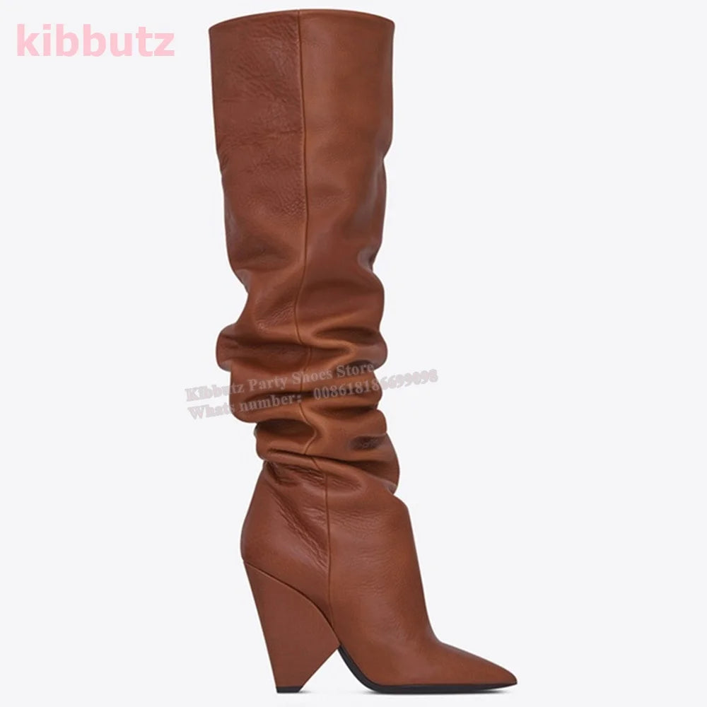 Over The Knee Boots Genuine Leather Pleated Solid Color Brown Pointed Toe Kitten Heel Fashion Sexy Elegant Women Shoes Newest