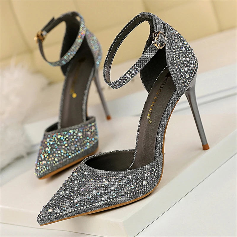 Summer New Fashion Shoes Shiny Rhinestones Designer Heels Wedding Banquet Shoes Crystal Sequined Women Pumps Golden Sandals - Mammalook