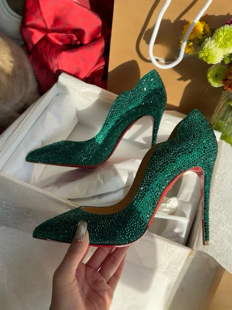 High Heels Women 2025 Spring New gold Sexy Pointy French Thin With  Single Shoes Women Crystal Wedding Shoes Women Red Sole Shoe