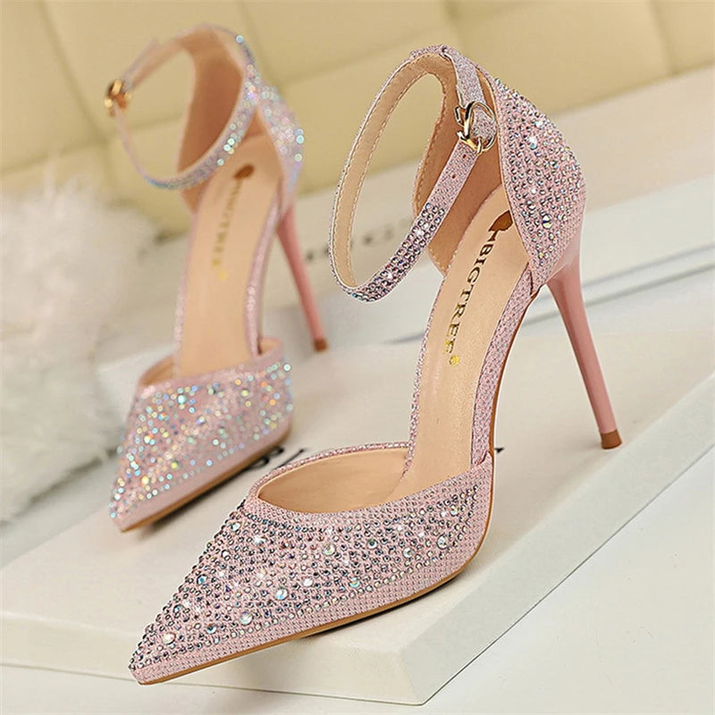 Summer New Fashion Shoes Shiny Rhinestones Designer Heels Wedding Banquet Shoes Crystal Sequined Women Pumps Golden Sandals - Mammalook