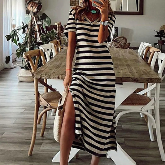 Summer Dresses 2024 Woman Plus Size Dresses For Women Casual Stripe Print V-neck Short Sleeve Loose Long Dress Robe Femme