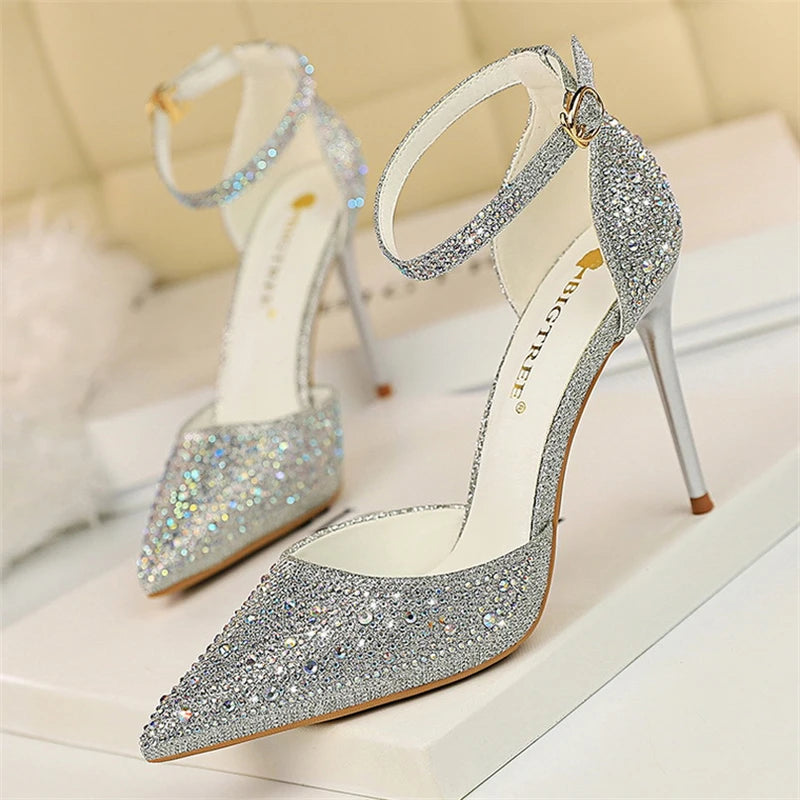 Summer New Fashion Shoes Shiny Rhinestones Designer Heels Wedding Banquet Shoes Crystal Sequined Women Pumps Golden Sandals - Mammalook