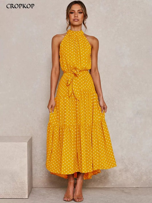 Summer Long Dress Polka Dot Casual Dresses Sexy Halter Strapless New 2024 Yellow Sundress Vacation Clothes For Women