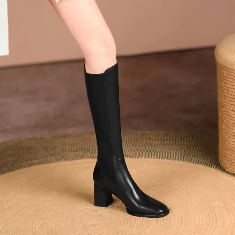 Knee-High Thigh Sock Boots for Women - Winter, Elegant Brown Wedge Boots with Elastic, Long Shoes for Autumn