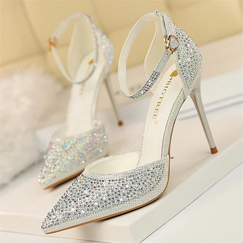 Summer New Fashion Shoes Shiny Rhinestones Designer Heels Wedding Banquet Shoes Crystal Sequined Women Pumps Golden Sandals - Mammalook