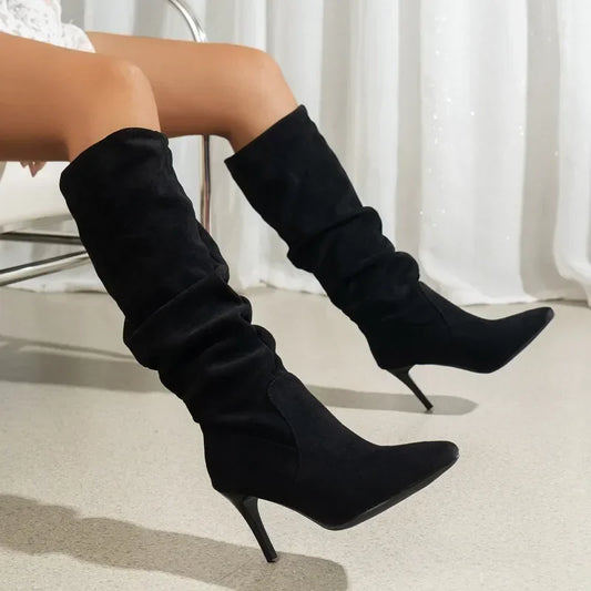 2024 Plus Size Shoes Ladies Knee-High Women's Boots Slip on Modern Boots Women Pleated Pointed Toe High Thin Heels Women's Shoes