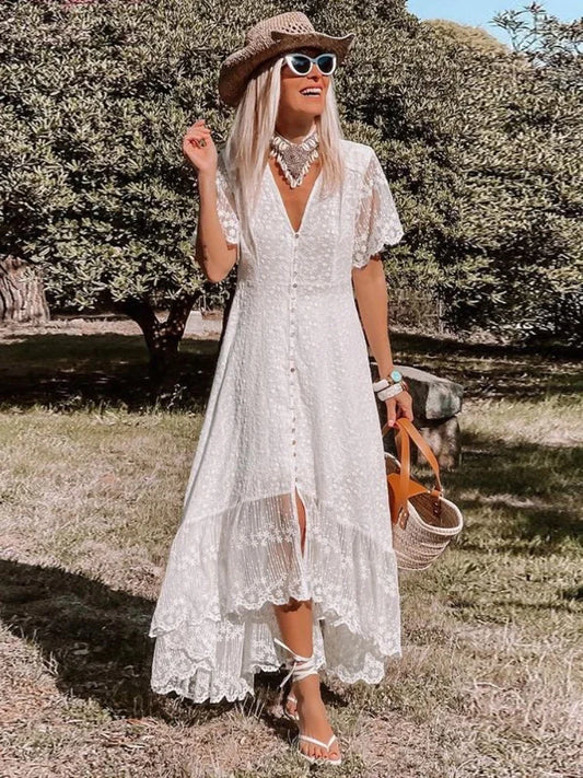 Elegant Dress Women Off Shoulder Lace Patchwork Dress Casual Bohemian Deep V Neck Short Sleeve Loose Vestidos Summer Dresses