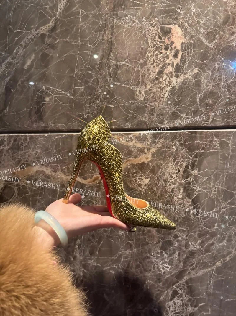 High Heels Women 2025 Spring New gold Sexy Pointy French Thin With  Single Shoes Women Crystal Wedding Shoes Women Red Sole Shoe