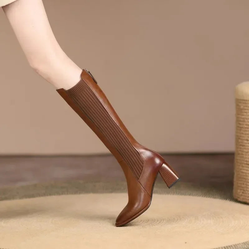 Knee-High Thigh Sock Boots for Women - Winter, Elegant Brown Wedge Boots with Elastic, Long Shoes for Autumn