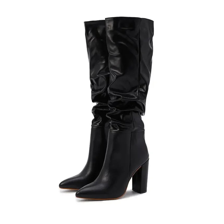 High-quality Leather/suede Pleated Knee-High Boots for Womens Sexy Pointed Toe 10CM Chunky Heels Knight Boots Winter New