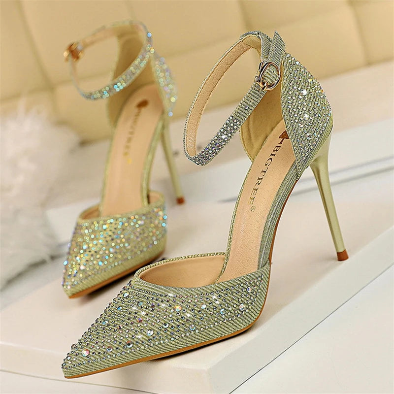 Summer New Fashion Shoes Shiny Rhinestones Designer Heels Wedding Banquet Shoes Crystal Sequined Women Pumps Golden Sandals - Mammalook