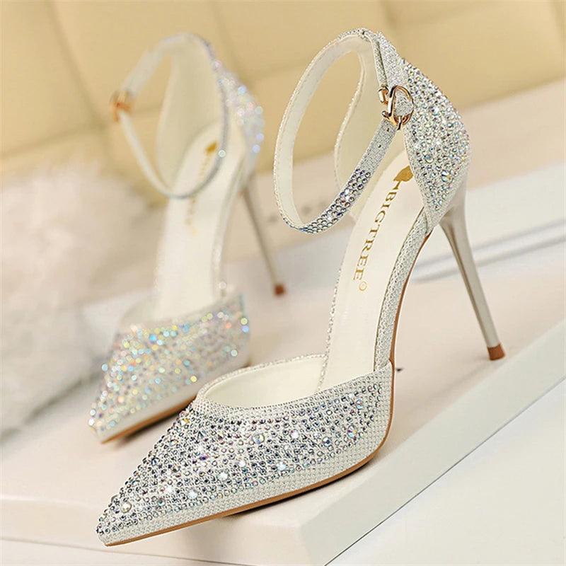 Summer New Fashion Shoes Shiny Rhinestones Designer Heels Wedding Banquet Shoes Crystal Sequined Women Pumps Golden Sandals - Mammalook