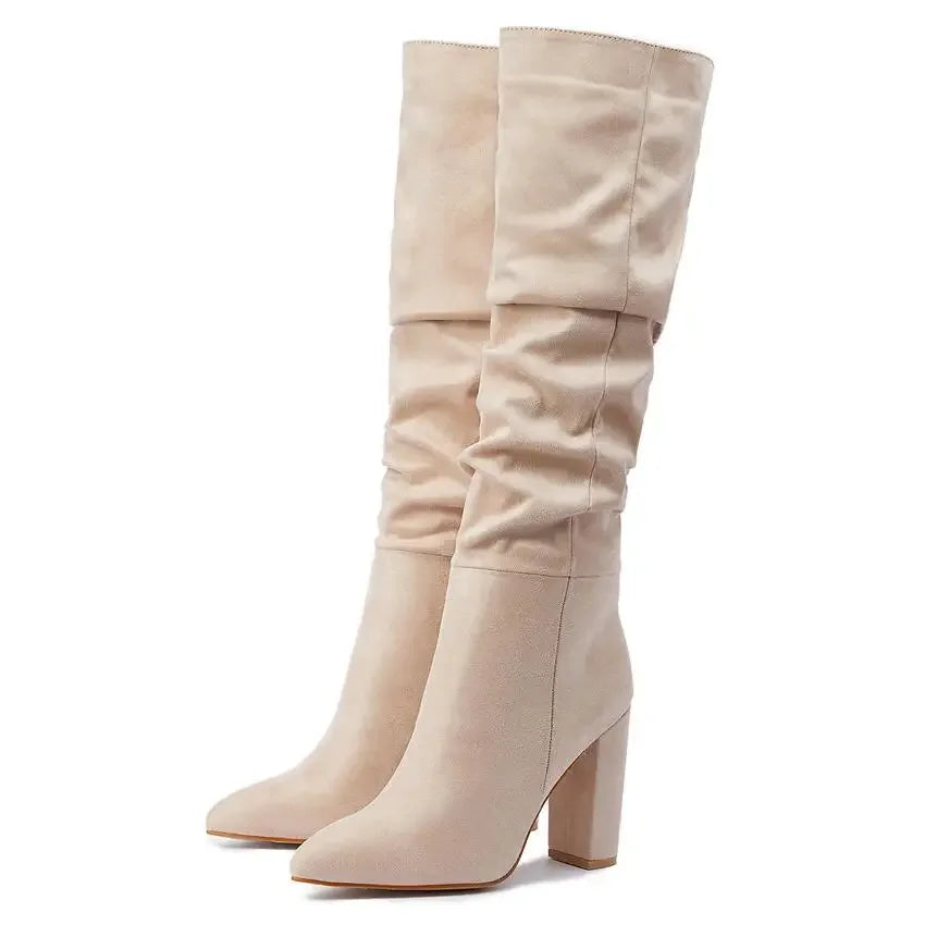 High-quality Leather/suede Pleated Knee-High Boots for Womens Sexy Pointed Toe 10CM Chunky Heels Knight Boots Winter New