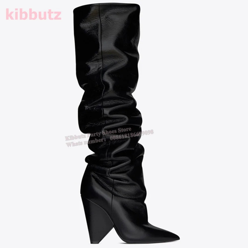 Over The Knee Boots Genuine Leather Pleated Solid Color Brown Pointed Toe Kitten Heel Fashion Sexy Elegant Women Shoes Newest