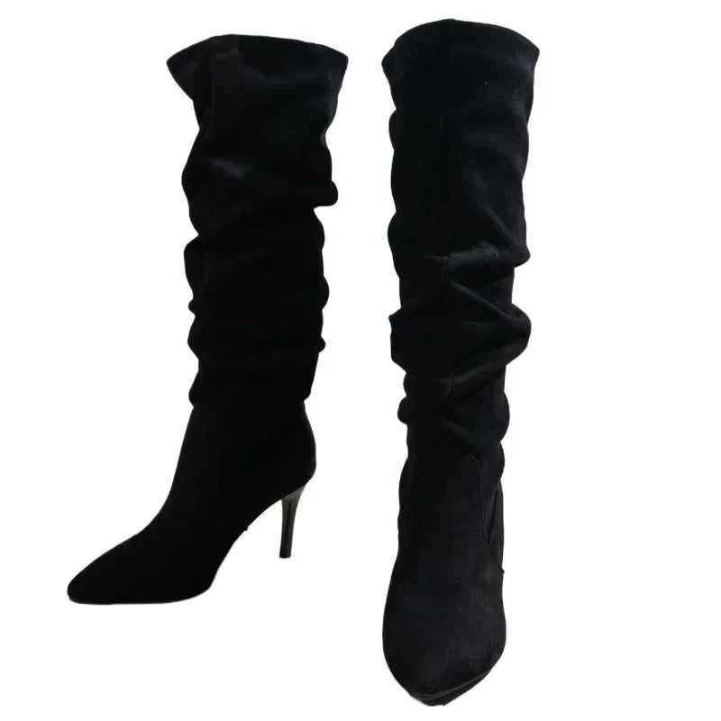 2024 Plus Size Shoes Ladies Knee-High Women's Boots Slip on Modern Boots Women Pleated Pointed Toe High Thin Heels Women's Shoes