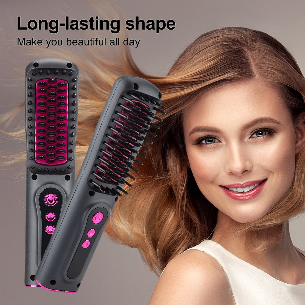 Wireless Professional Hair Straightener Curler Comb Fast Heating Negative Ion Straightening Curling Brush Styling Tools Dropship