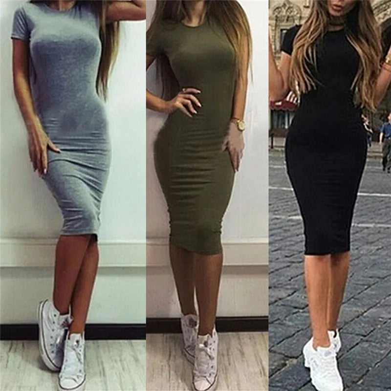 Summer Dresses Women Knee-Length Skinny Office Dress Short Sleeve Bandage Bodycon Beach Dress Vestidos Robes 3 Colors S-XL