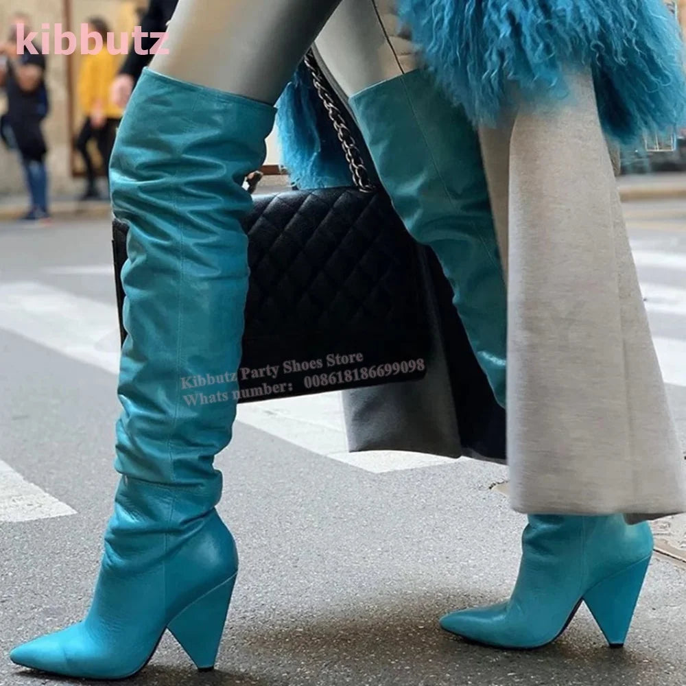 Over The Knee Boots Genuine Leather Pleated Solid Color Brown Pointed Toe Kitten Heel Fashion Sexy Elegant Women Shoes Newest