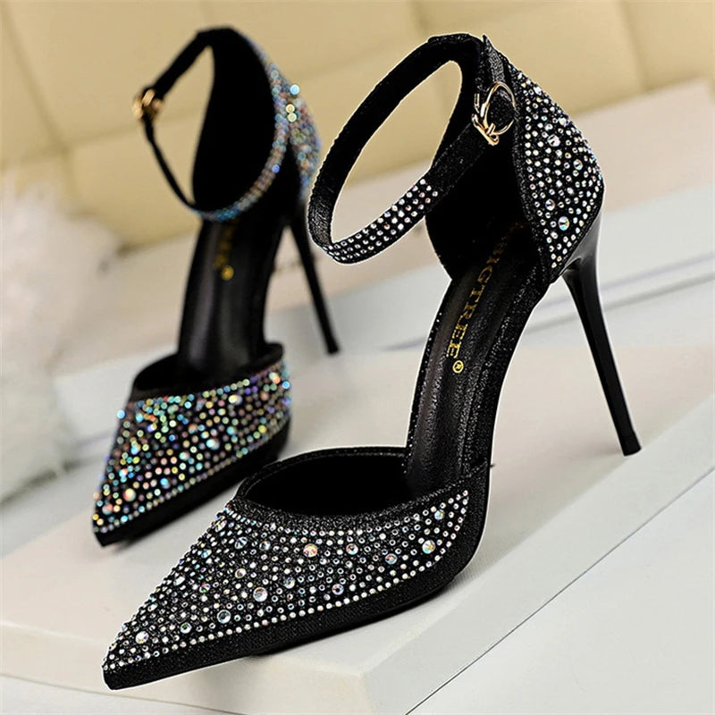 Summer New Fashion Shoes Shiny Rhinestones Designer Heels Wedding Banquet Shoes Crystal Sequined Women Pumps Golden Sandals - Mammalook