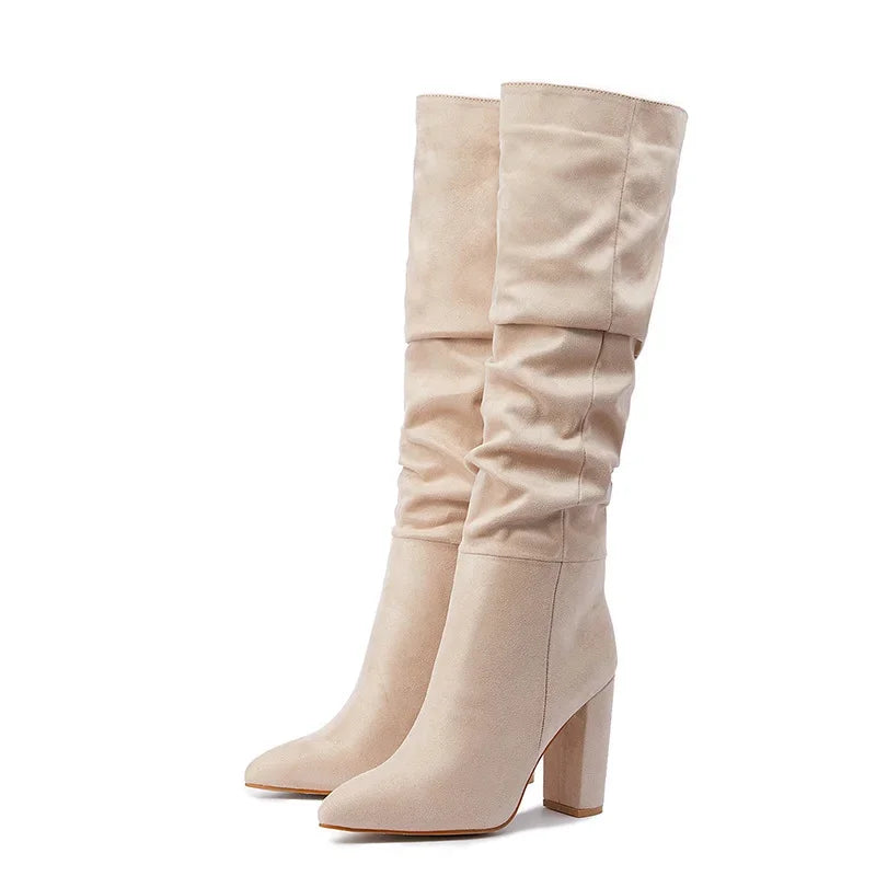 High-quality Leather/suede Pleated Knee-High Boots for Womens Sexy Pointed Toe 10CM Chunky Heels Knight Boots Winter New