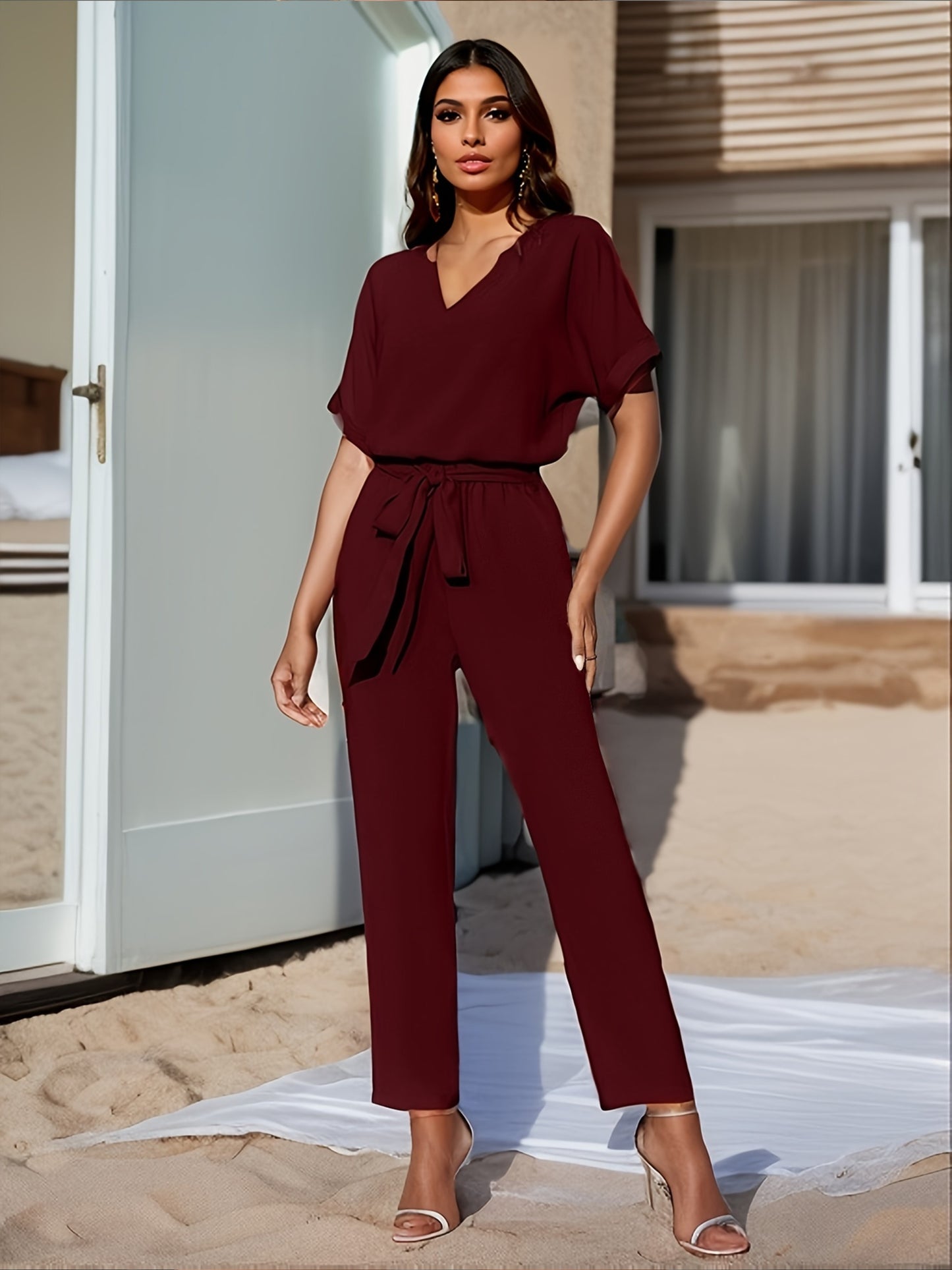 Elegant Solid Color Pants Set, Notched Neck Short Sleeve Blouse & Belted Straight Leg Simple Pants, Women's Clothing