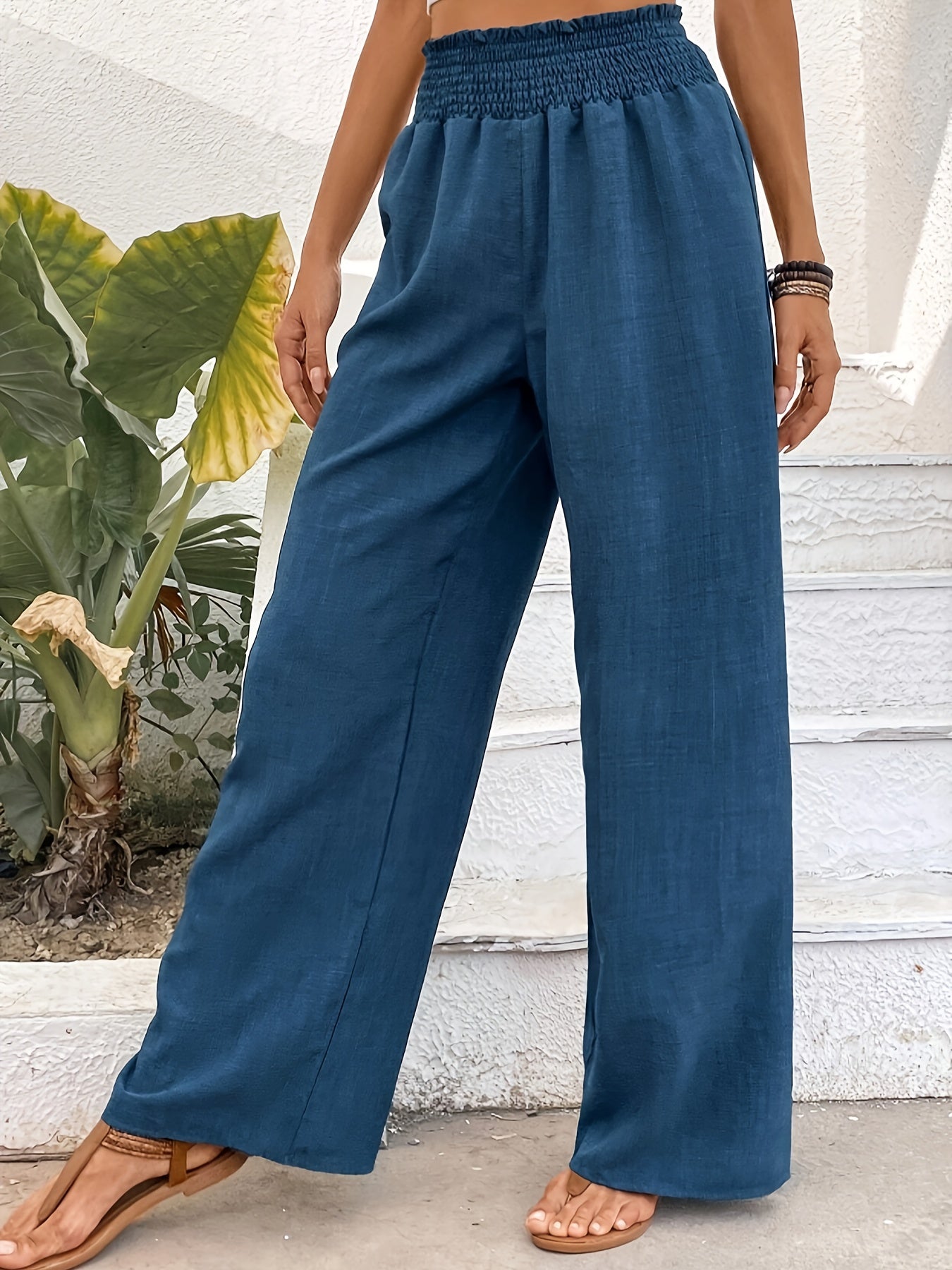 Solid Color Wide Leg Pants, Casual Shirred Loose Pants For Spring & Summer, Women's Clothing