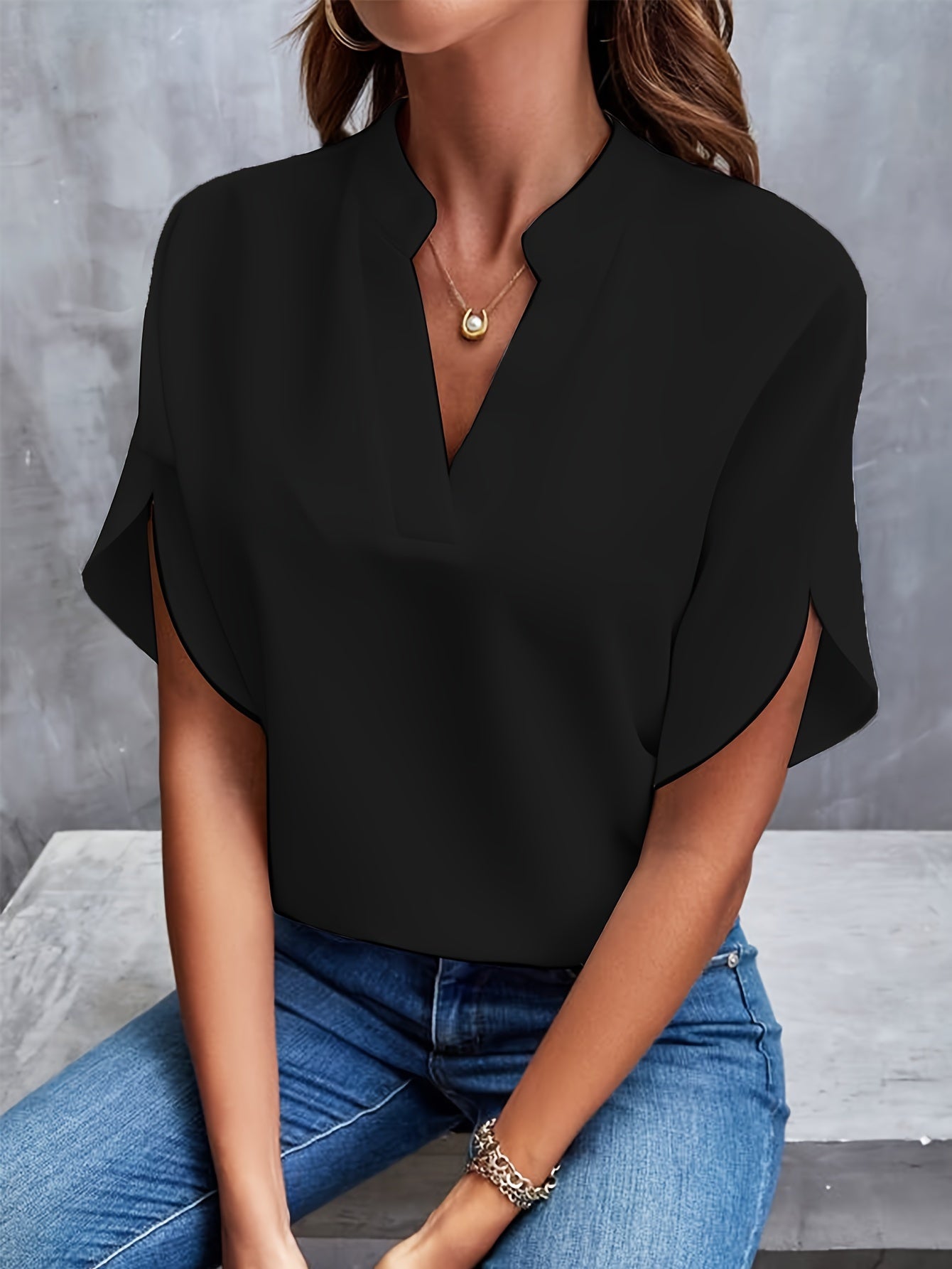 Solid Color Notch Neck Blouse, Casual Short Split Sleeve Blouse For Spring & Summer, Women's Clothing