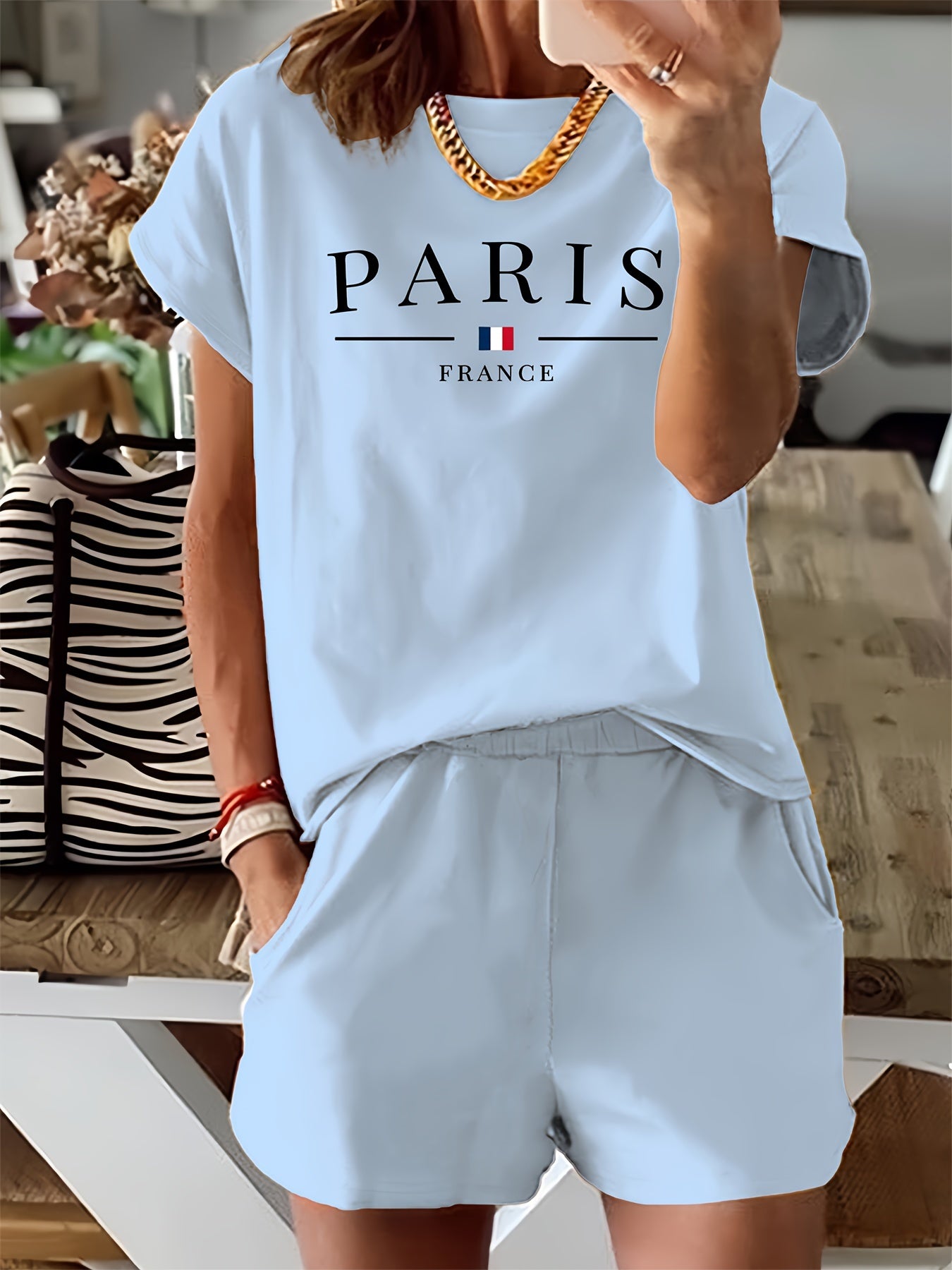 Women's Casual Two-Piece Set: 'Paris' Print Crew Neck Short Sleeve T-Shirt & Elastic Waist Slant Pocket Shorts