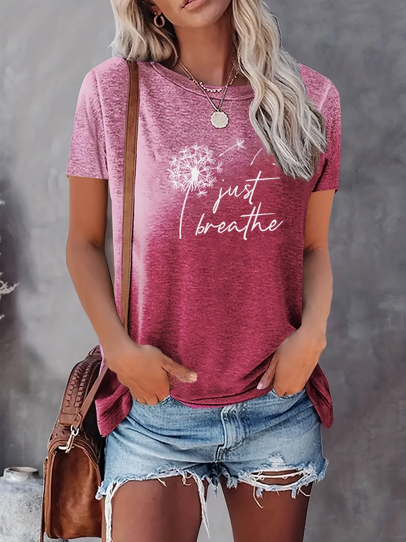 Just Breathe & Dandelion Print T-shirt, Casual Crew Neck Short Sleeve Top, Women's Clothing