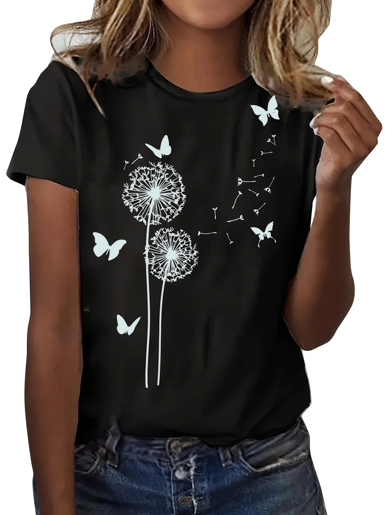 Dandelion & Butterfly Print T-Shirt, Casual Crew Neck Short Sleeve Top For Spring & Summer, Women's Clothing