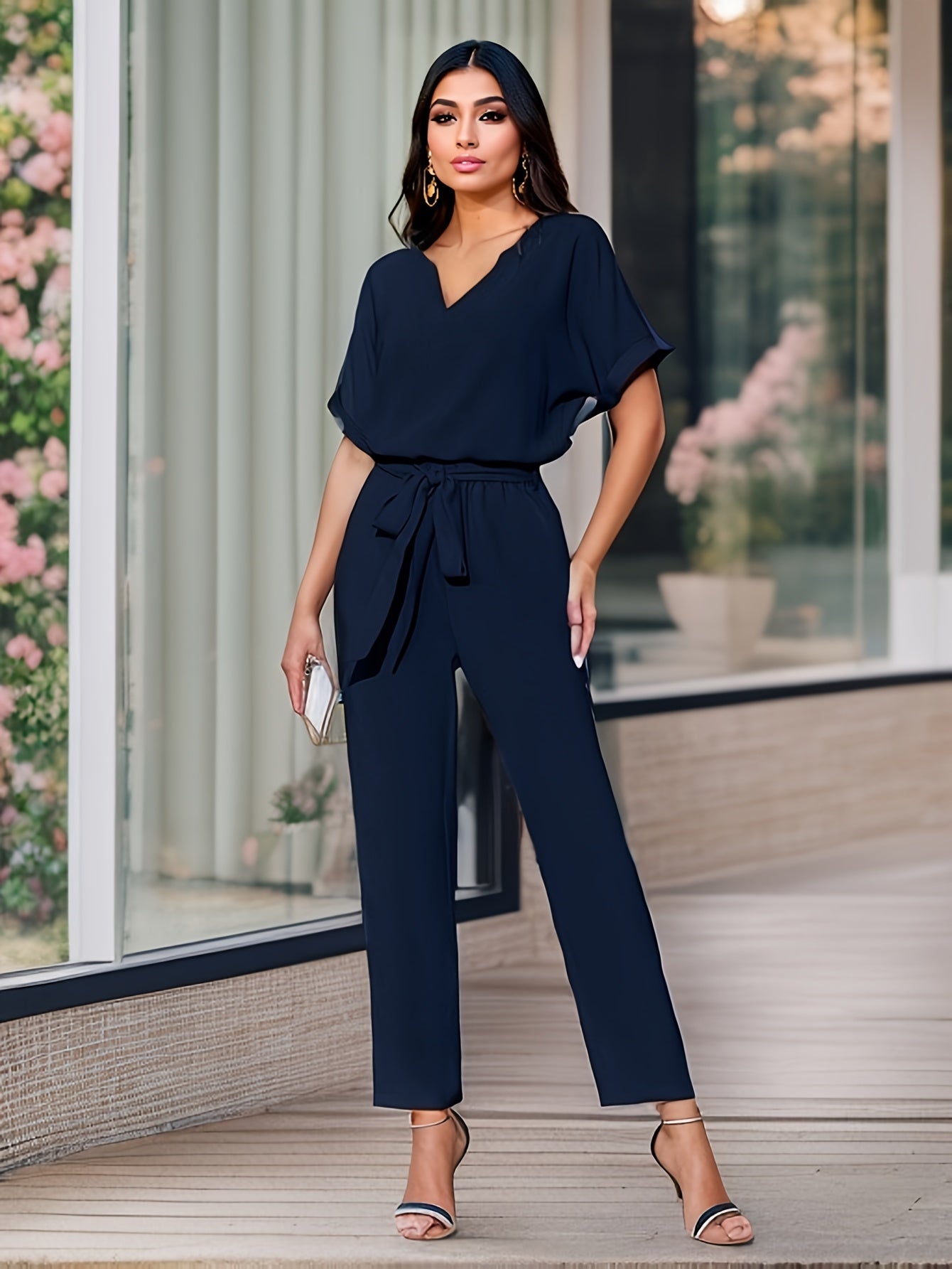 Elegant Solid Color Pants Set, Notched Neck Short Sleeve Blouse & Belted Straight Leg Simple Pants, Women's Clothing