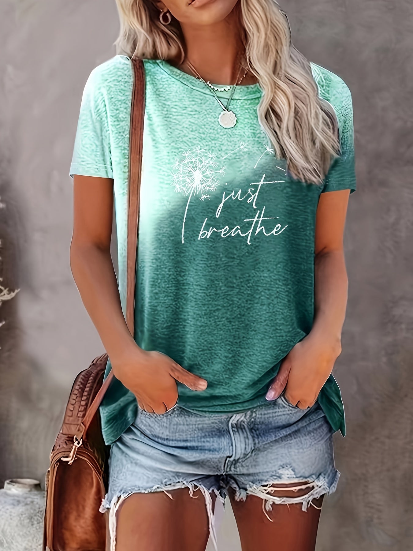 Just Breathe & Dandelion Print T-shirt, Casual Crew Neck Short Sleeve Top, Women's Clothing