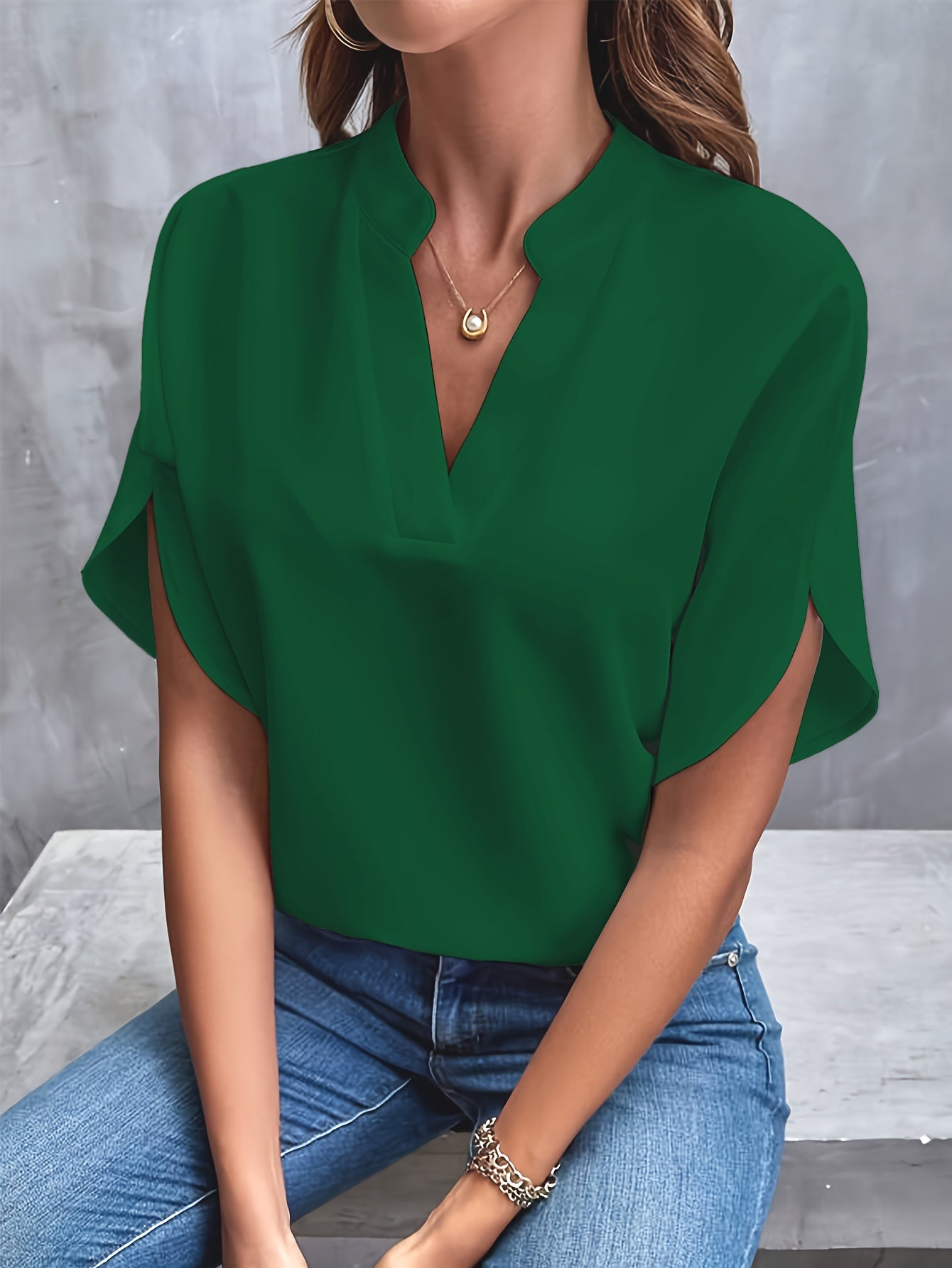 Solid Color Notch Neck Blouse, Casual Short Split Sleeve Blouse For Spring & Summer, Women's Clothing