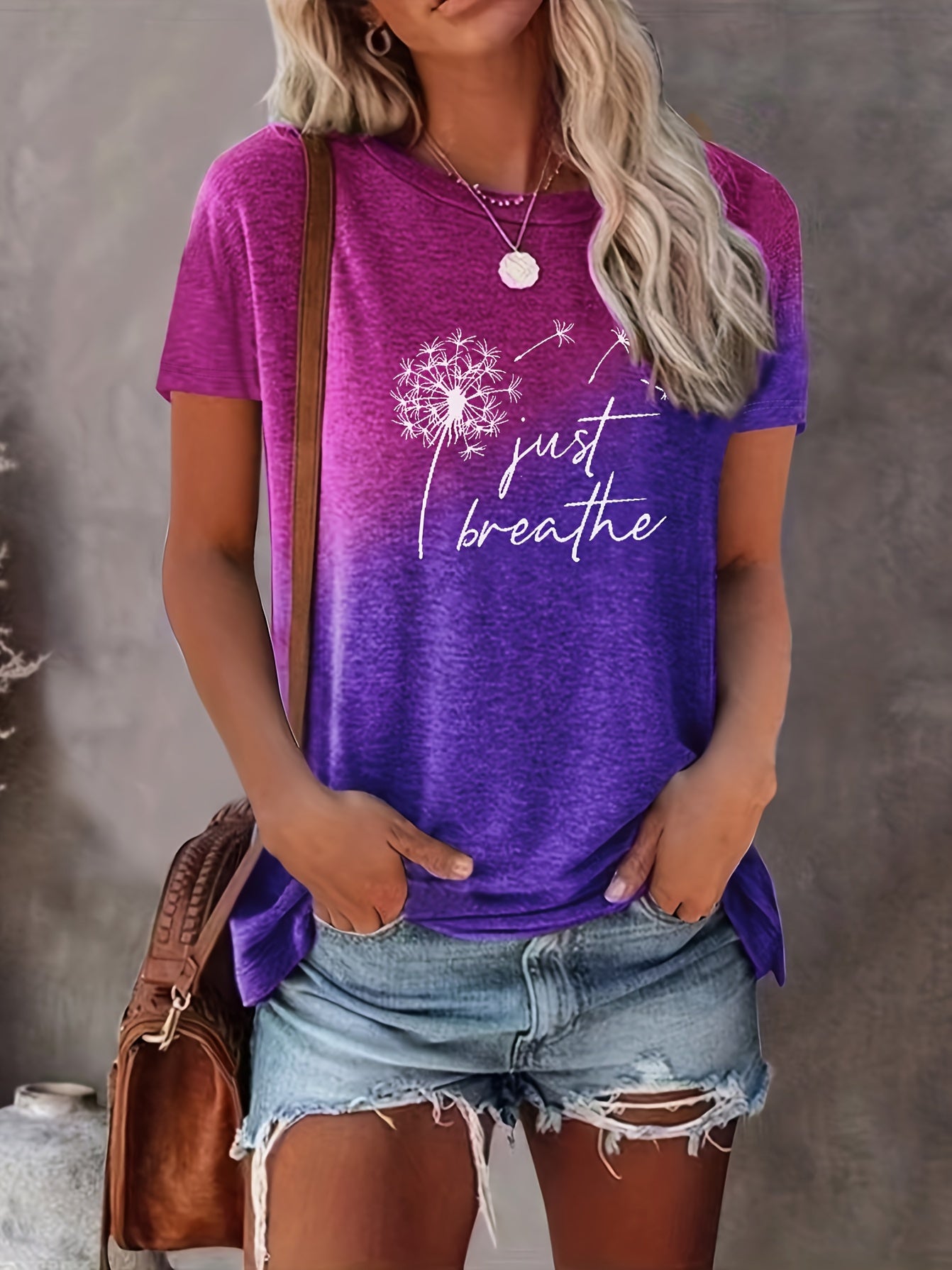 Just Breathe & Dandelion Print T-shirt, Casual Crew Neck Short Sleeve Top, Women's Clothing