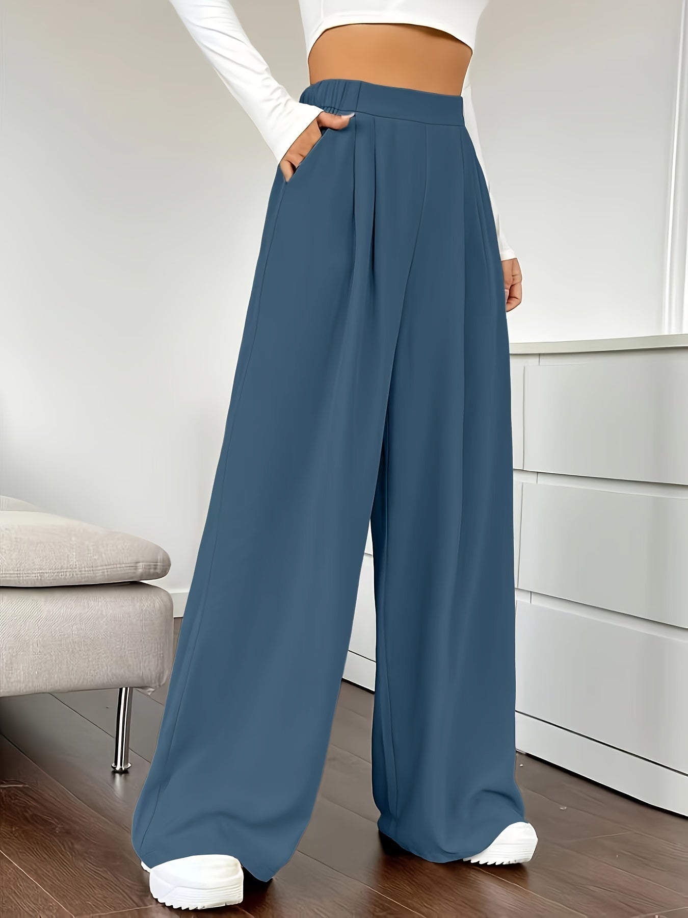 Solid Color High Waist Pants, Elegant Dual Pockets Wide Leg Pants For Spring & Summer, Women's Clothing