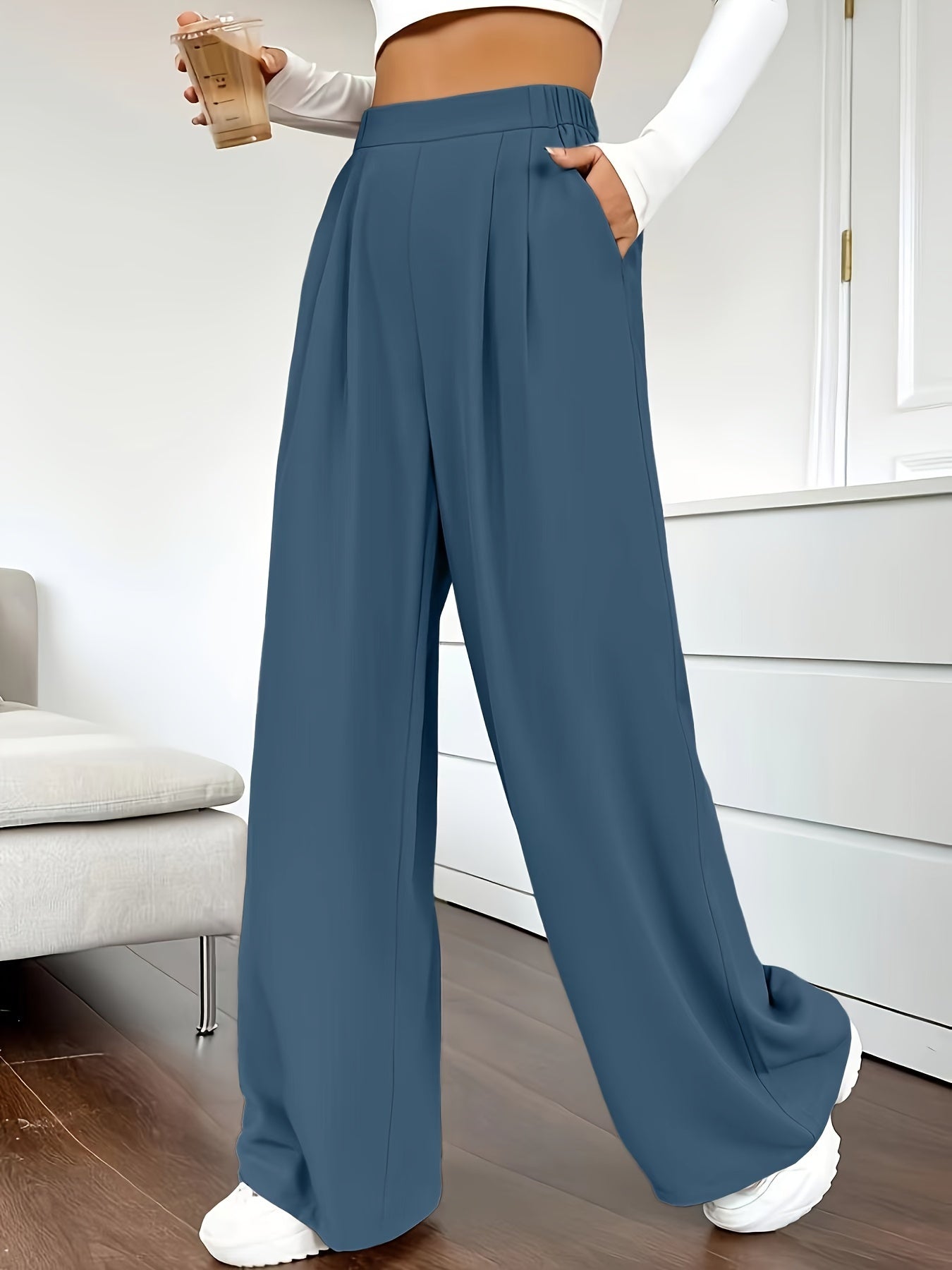 Solid Color High Waist Pants, Elegant Dual Pockets Wide Leg Pants For Spring & Summer, Women's Clothing