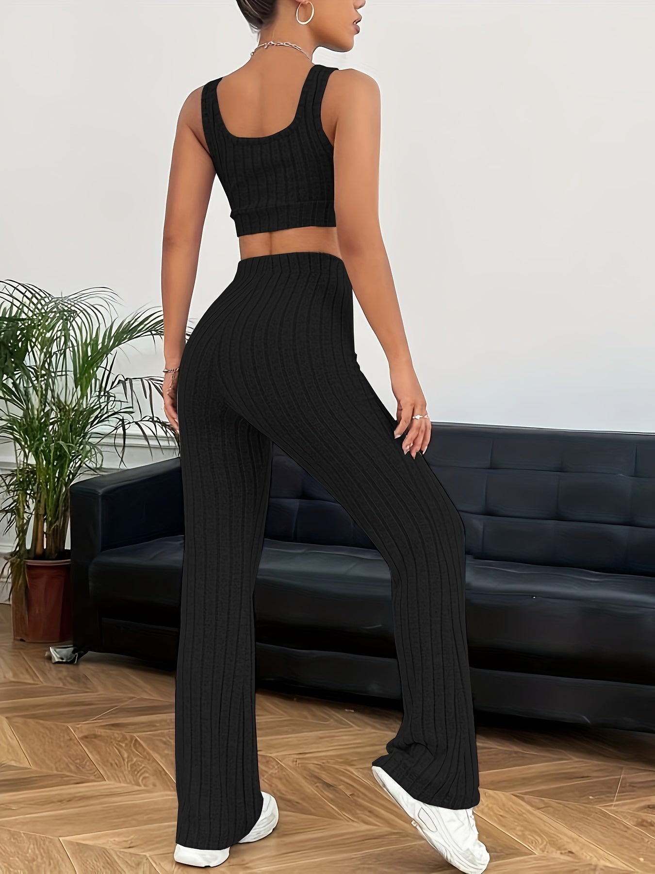 Ribbed Casual Two-piece Set, Crop Tank Top & High Waist Pants Outfits, Women's Clothing