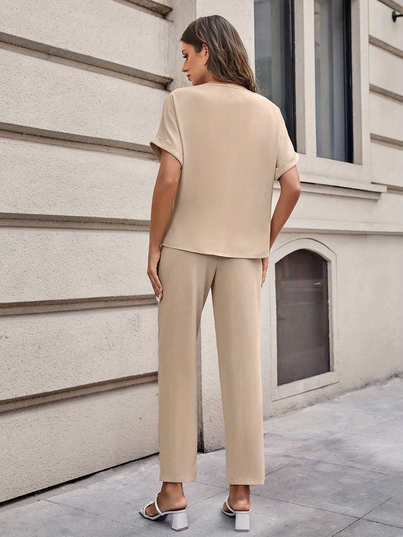 Elegant Solid Color Pants Set, Notched Neck Short Sleeve Blouse & Belted Straight Leg Simple Pants, Women's Clothing